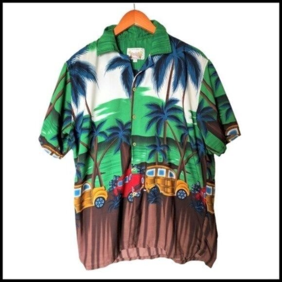 Waikiki Creations Button Up Shirt Designed in Hawaii Palms  Cars Tropical L Larg - Picture 1 of 6